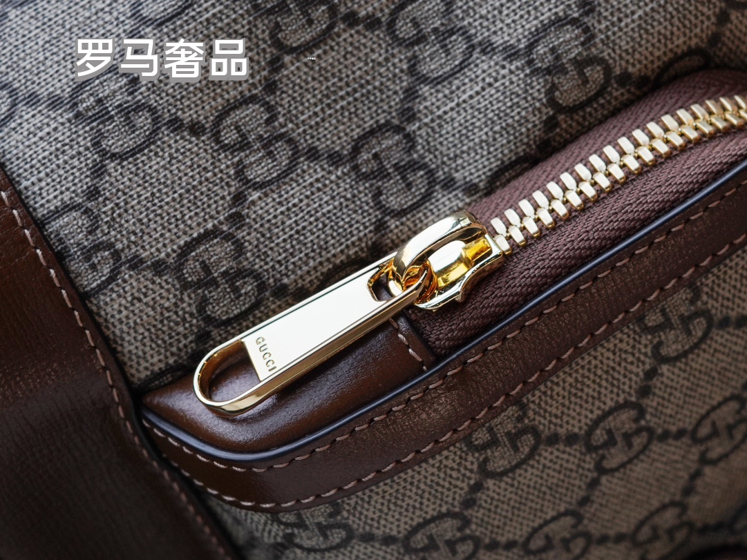 Gucci Classic Monogram Canvas Backpack with Brown Leather Trim and Drawstring