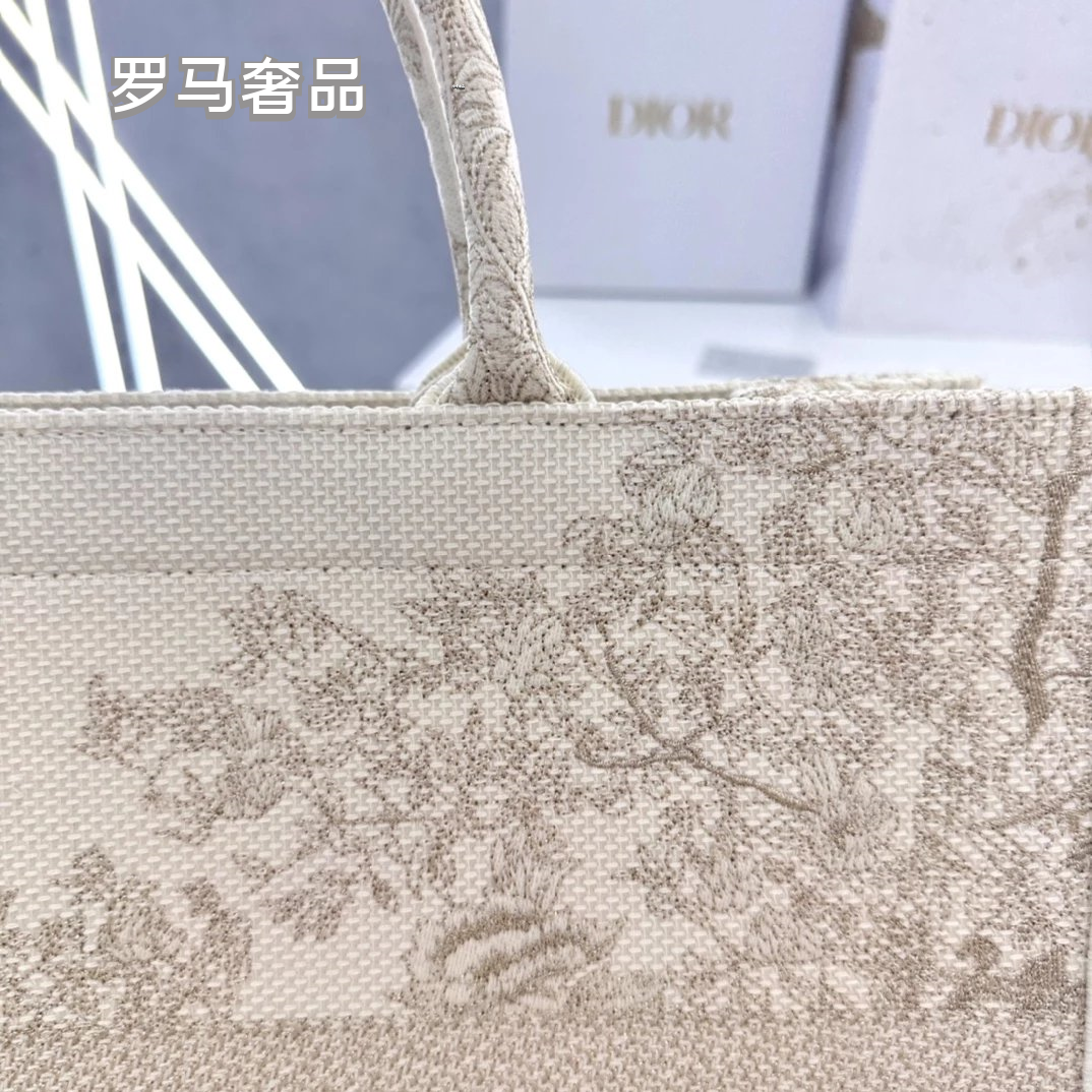 Christian Dior Book Tote Toile de Jouy Canvas Bag - Large Beige/Grey