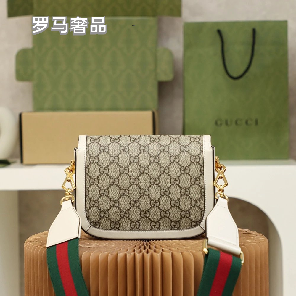 Gucci Vintage Monogram Saddle Crossbody Bag with Gold Horsebit Buckle