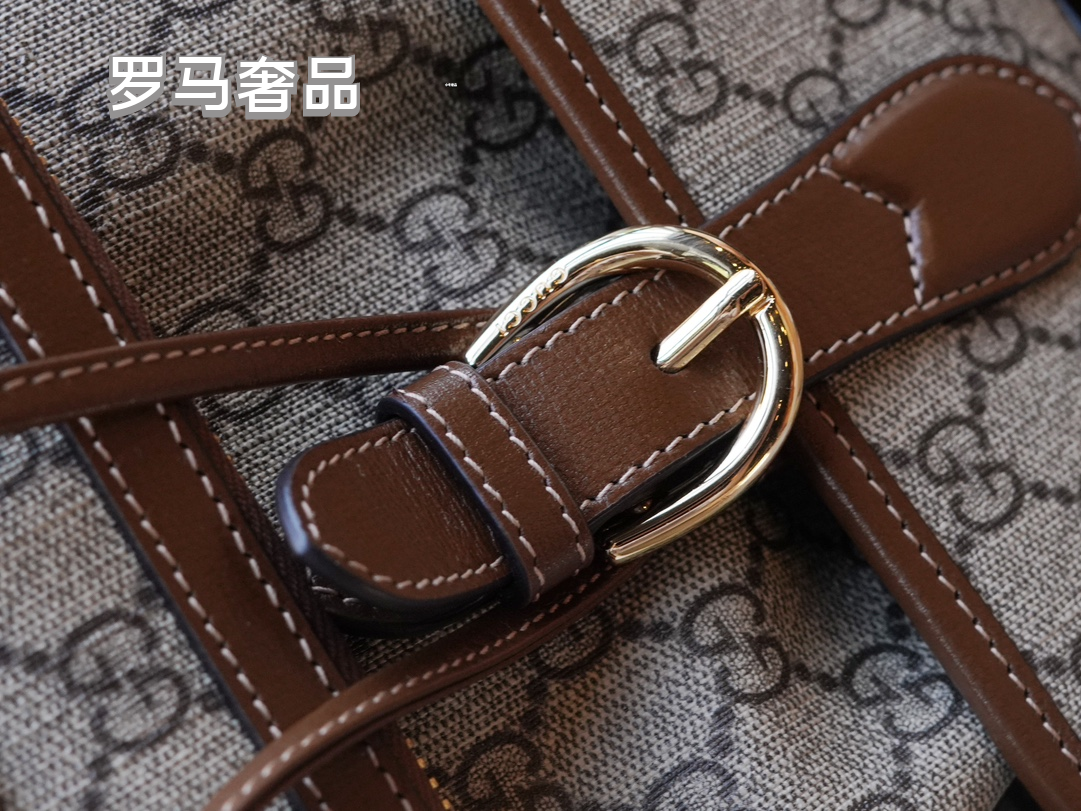 Gucci Classic Monogram Canvas Backpack with Brown Leather Trim and Drawstring
