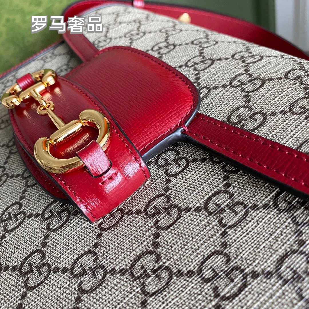 Designer GG Supreme Horsebit Shoulder Bag - Red Leather &amp; Monogram Canvas