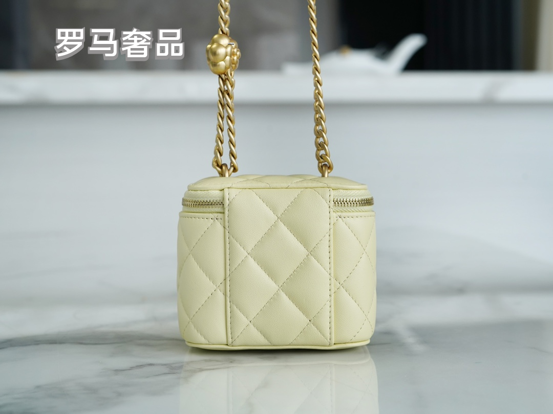 Small Quilted Vanity Bag with Gold Chain Strap - White Luxury Crossbody Case