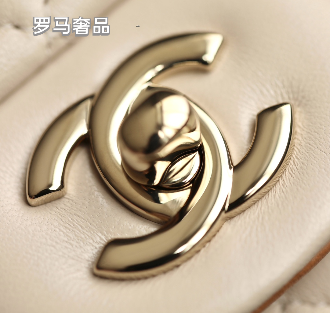 Chanel Small Beige Quilted Lambskin Top Handle Flap Bag with Gold Hardware