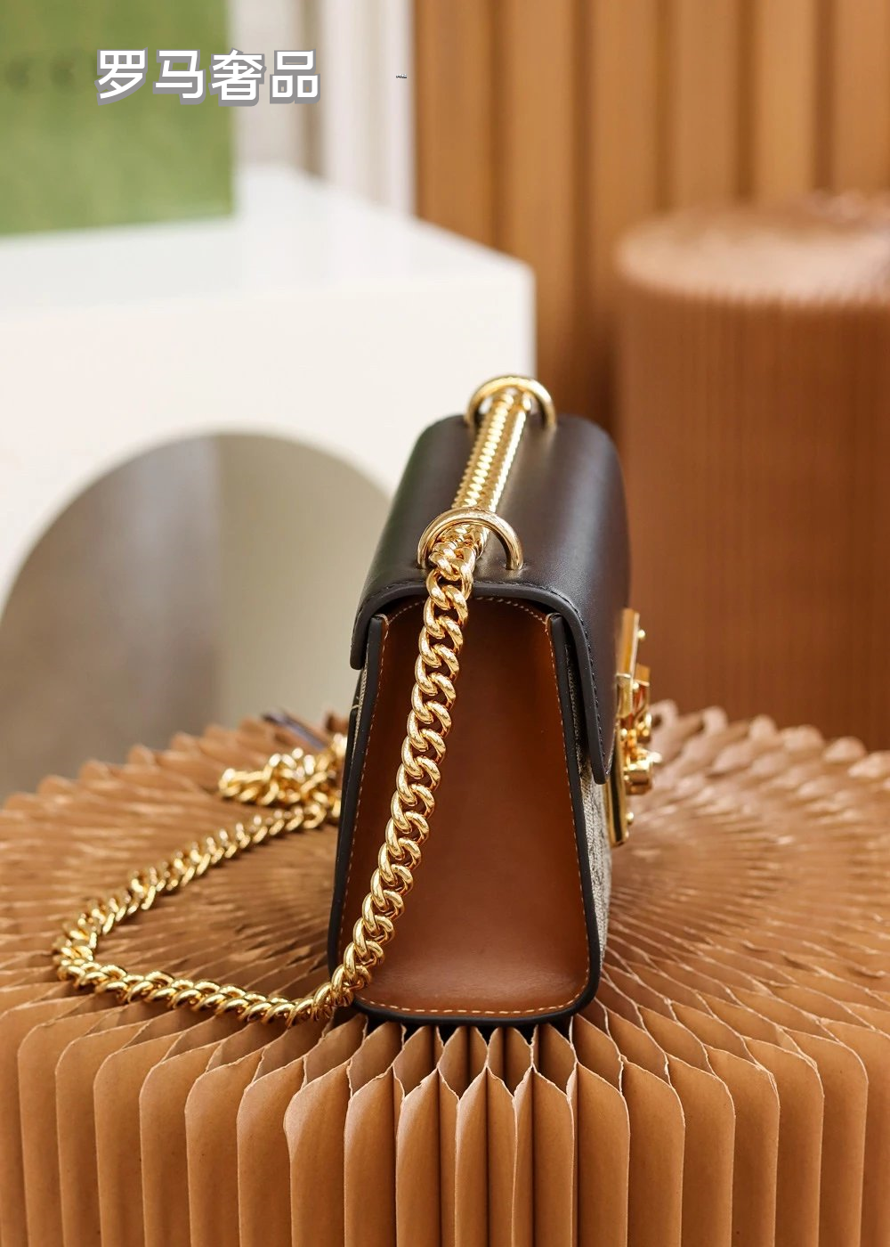 Gucci Vintage Monogram Canvas Crossbody Bag with Leather Flap and Gold Chain
