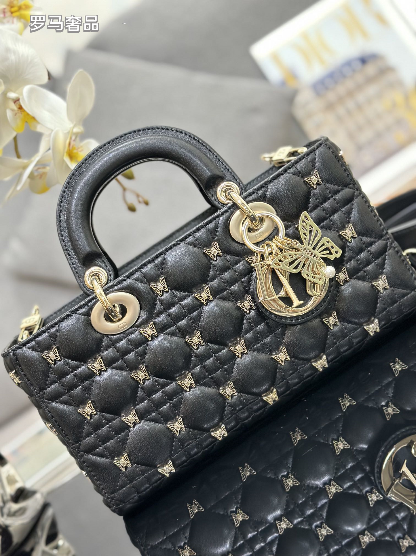 Christian Dior Lady D-Joy Bag Black Quilted Lambskin with Butterfly Charm