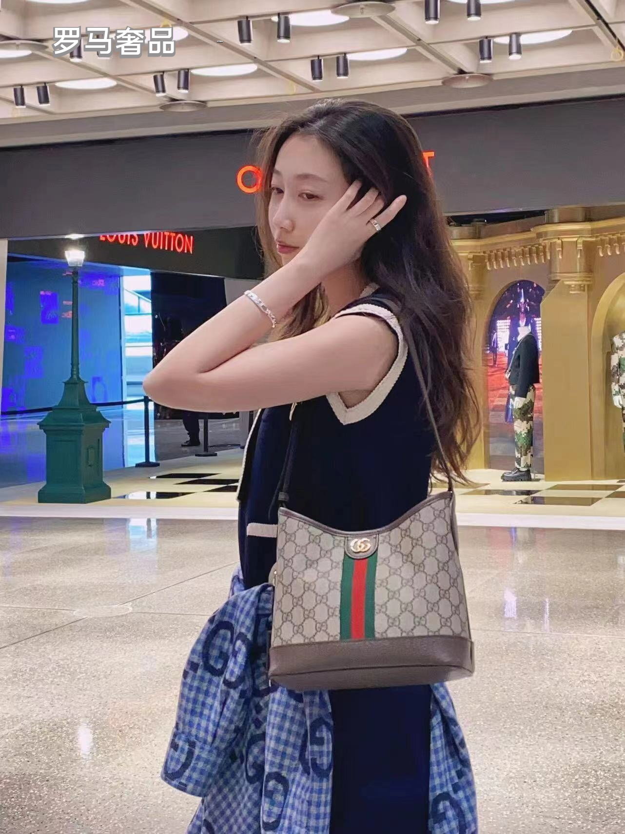 Gucci Vintage Monogram Canvas Hobo Shoulder Bag with Web Stripe