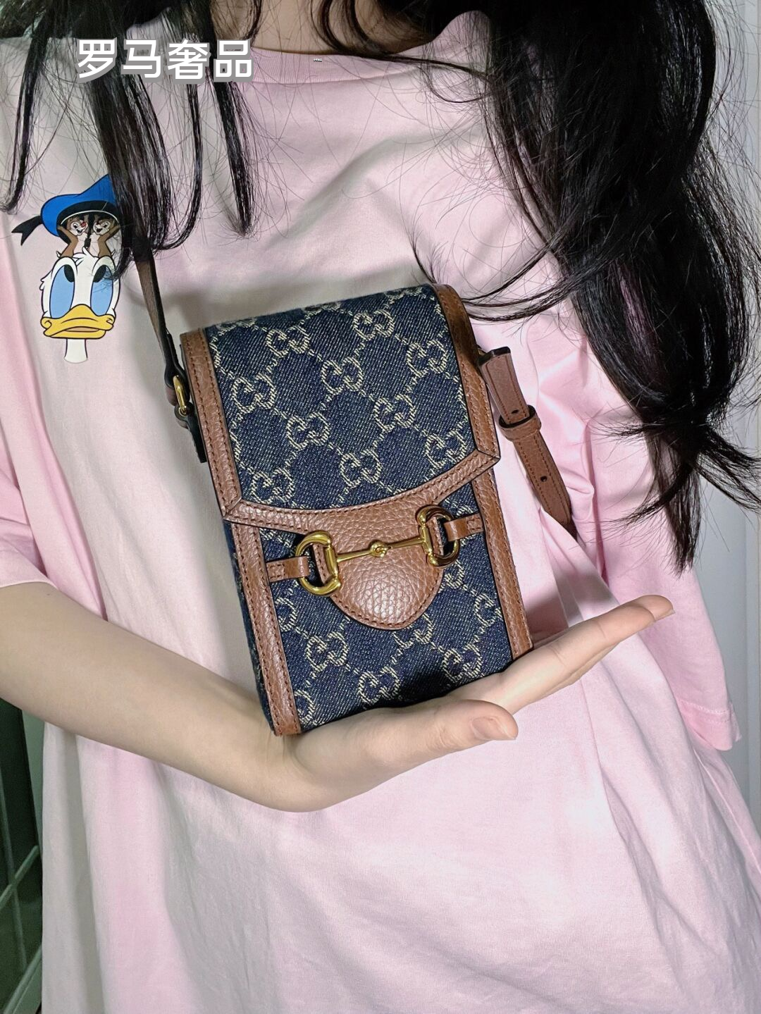 Gucci Horsebit 1955 Mini Shoulder Bag Blue GG Denim with Brown Leather Trim