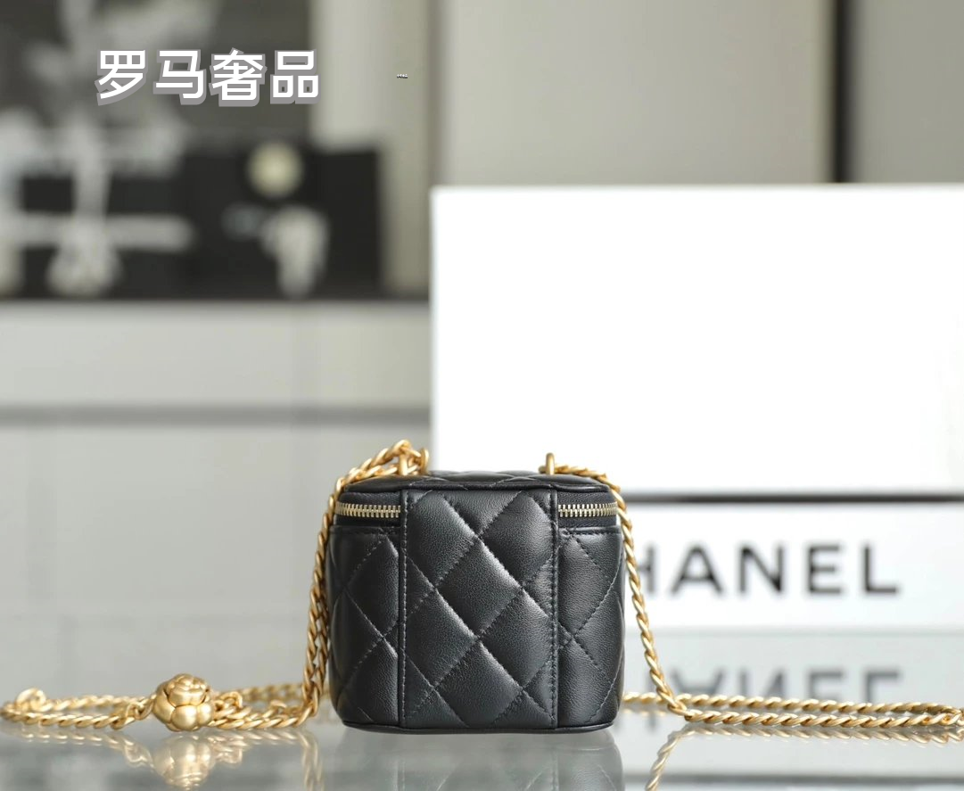 Chanel Black Quilted Leather Mini Vanity Case Crossbody Bag with Gold Camellia Charm