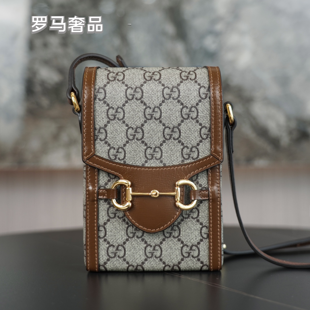 Gucci Horsebit 1955 Mini Bag in GG Supreme Canvas with Brown Leather Trim