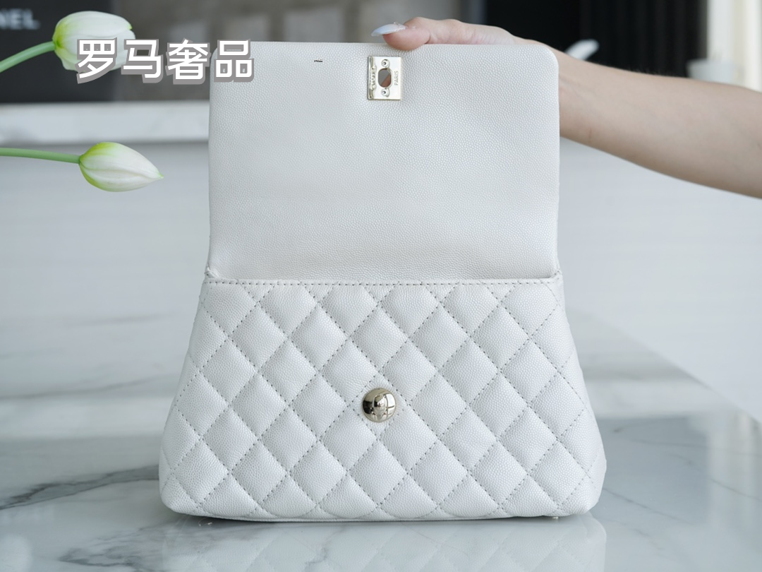 Chanel White Quilted Caviar Coco Handle Bag with Gold-Tone Hardware