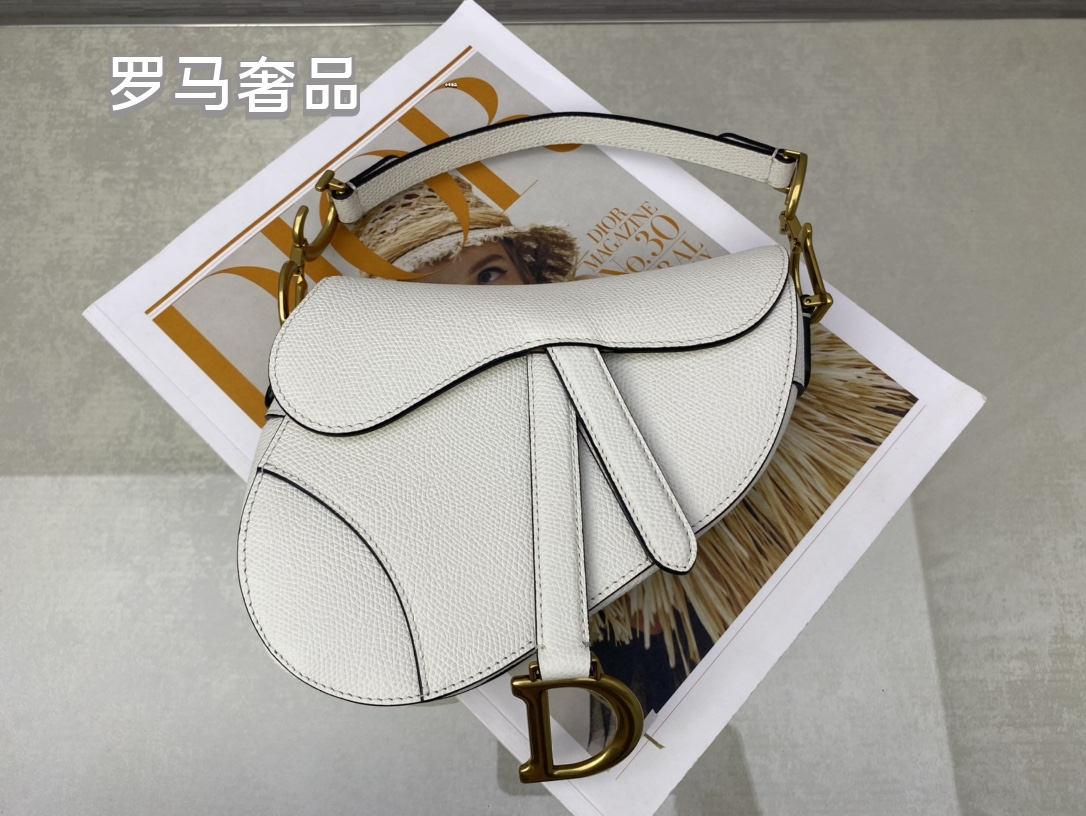 Christian Dior White Grained Calfskin Saddle Bag with Gold Hardware