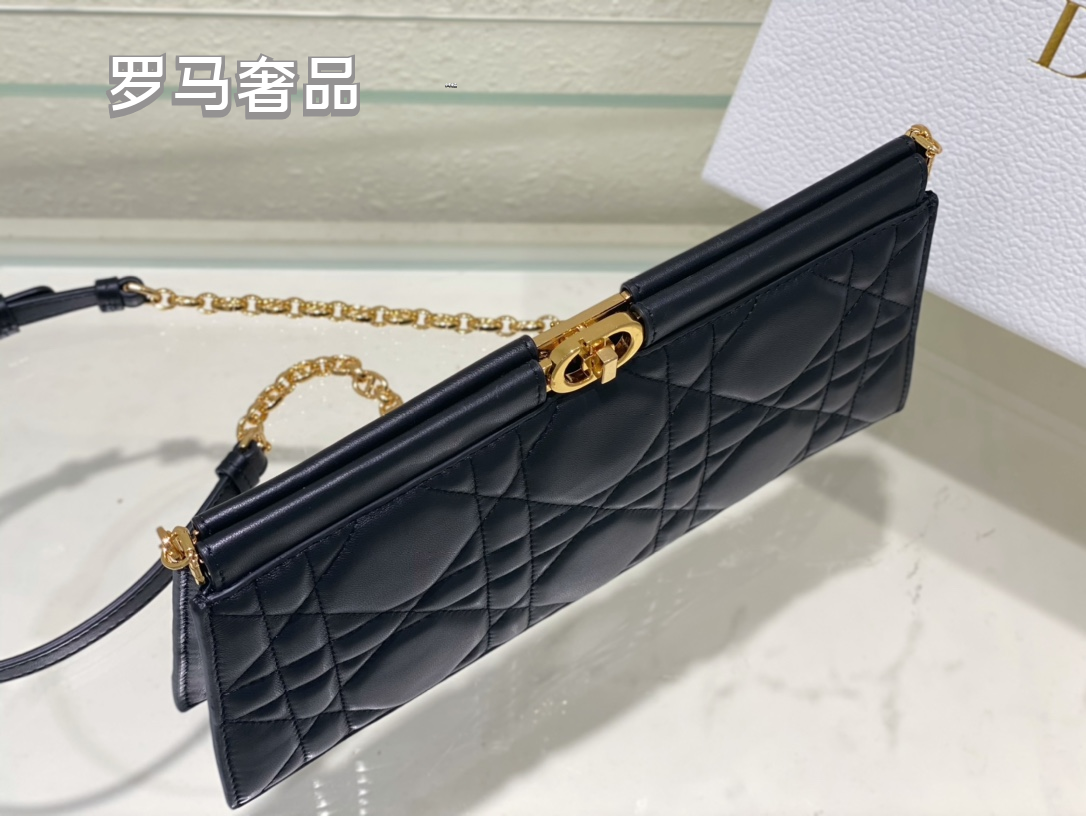 Dior Elegant Black Quilted Leather Evening Clutch Bag with Gold Chain
