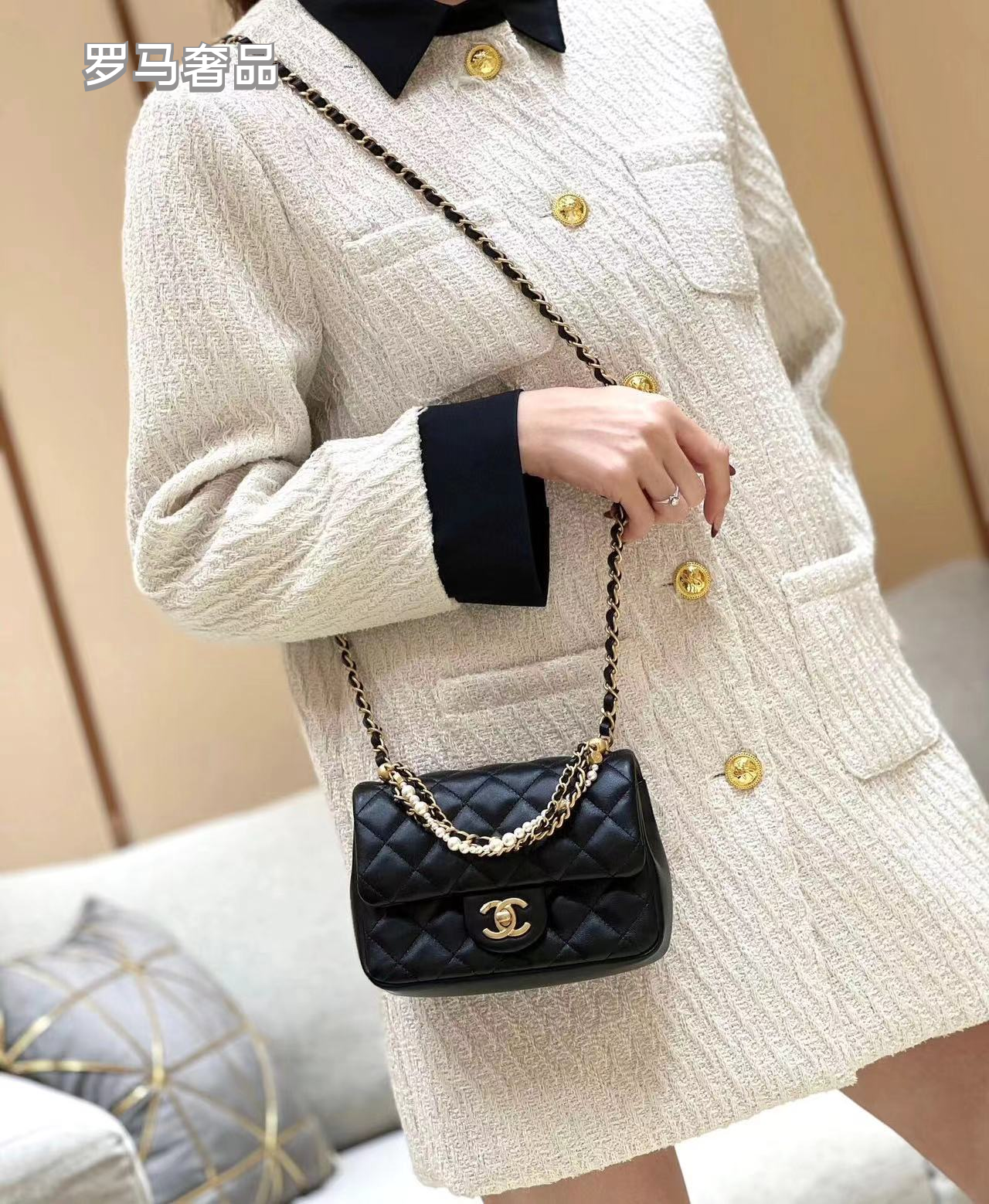 Chanel Quilted Mini Flap Bag with Pearl and Chain Strap, Black Lambskin