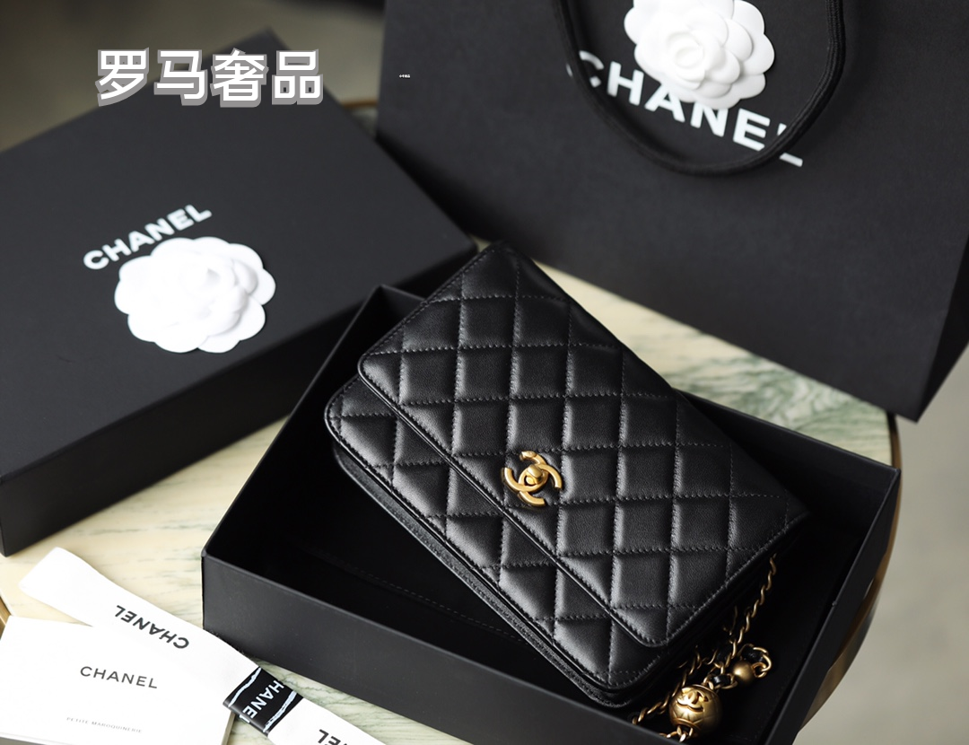 Chanel Quilted Lambskin Pearl Crush Wallet on Chain (WOC) - Black