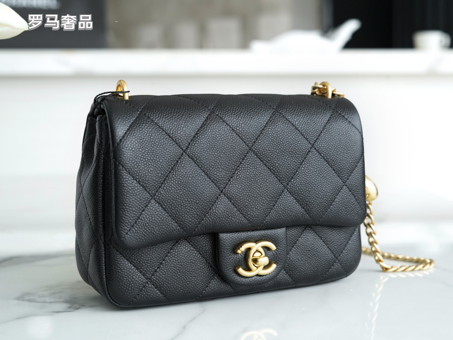 Chanel Quilted Leather Mini Flap Bag with Gold Heart Charm Chain - Black