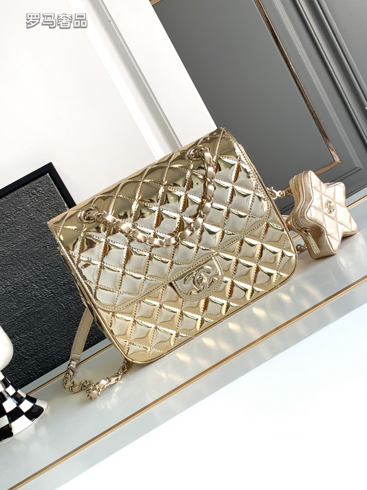 Gold Metallic Quilted Crossbody Flap Bag with Star Charm