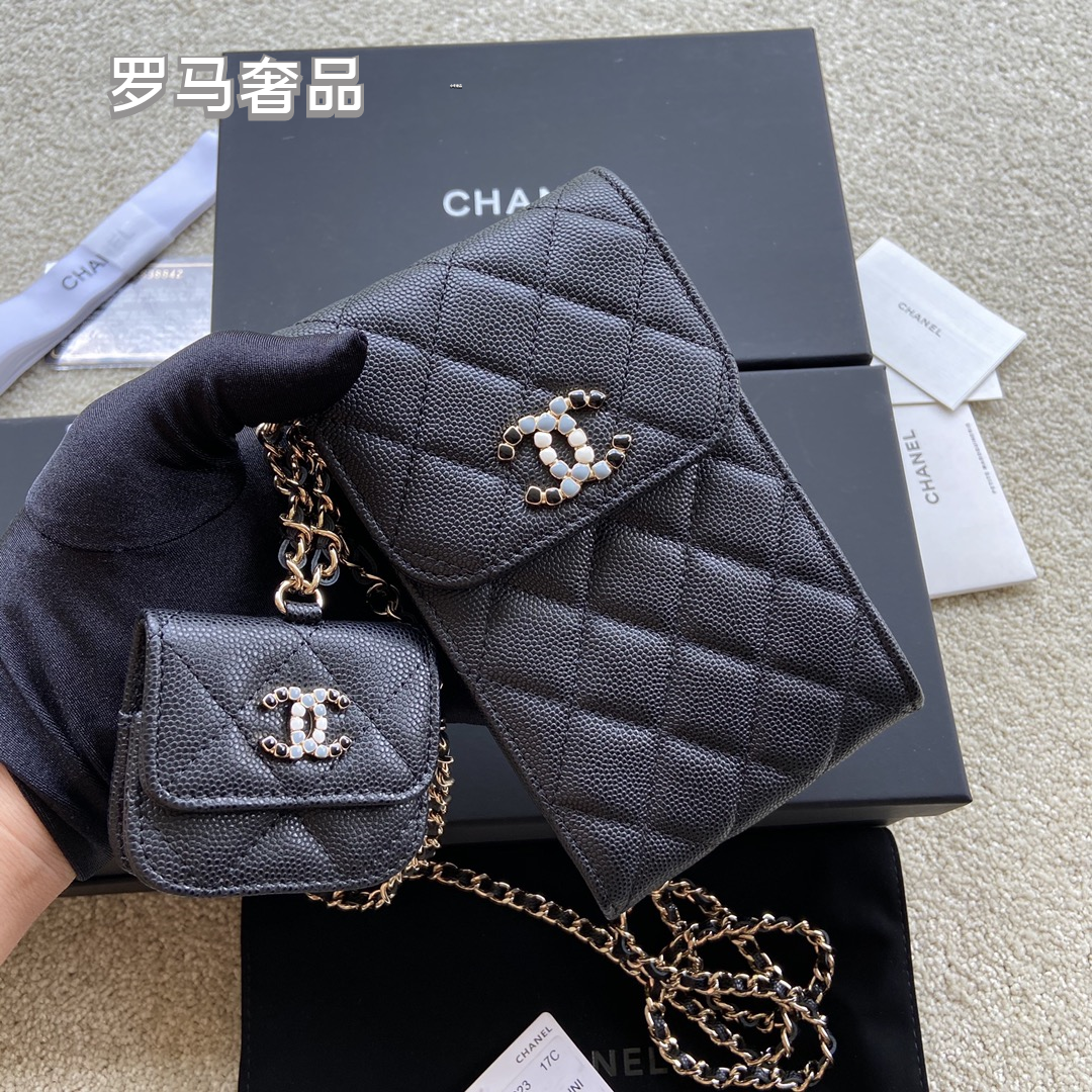 Women's Black Quilted Phone Crossbody Bag with Matching Airpods Pouch and Chain Strap