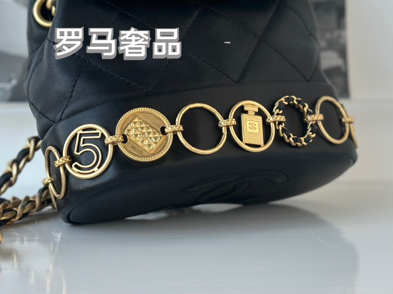 Chanel Vintage Mini Quilted Leather Backpack with Medallion Charm Chain Detail - Black/Gold