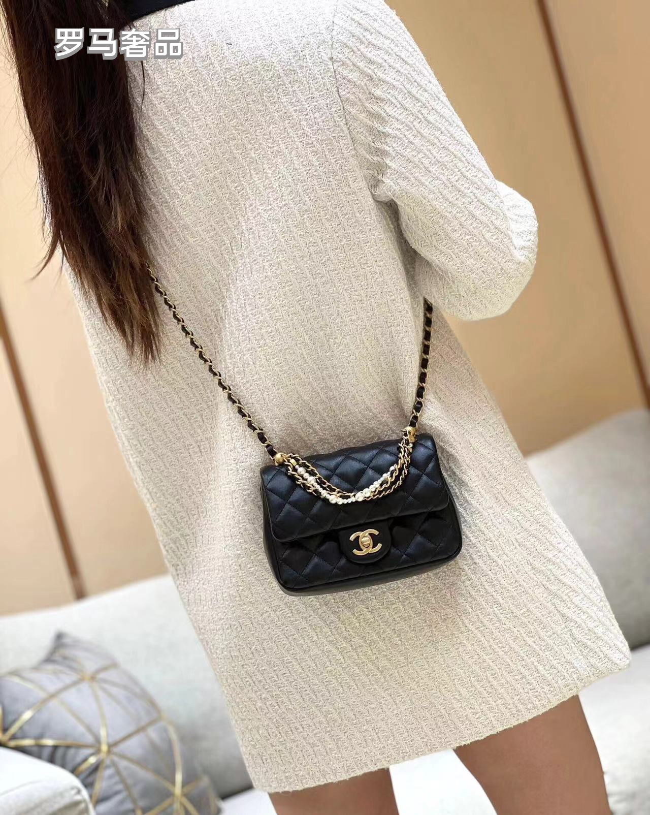 Chanel Quilted Mini Flap Bag with Pearl and Chain Strap, Black Lambskin