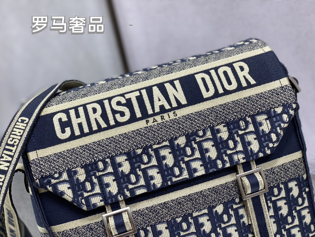 Christian Dior Oblique Canvas Messenger Bag - Navy/Beige Crossbody Bag