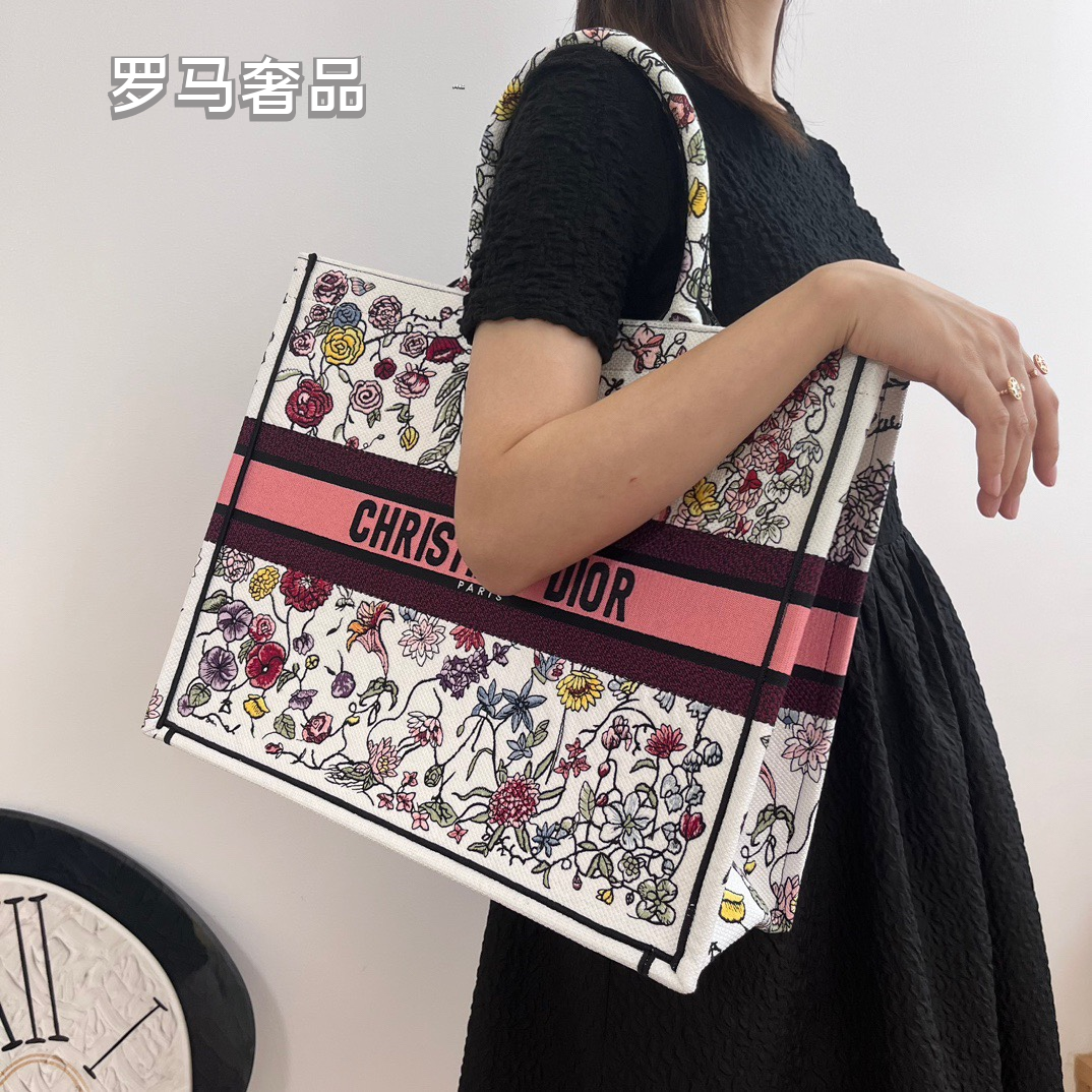 Christian Dior Book Tote Set Floral Embroidered Canvas Handbag 3 Pieces