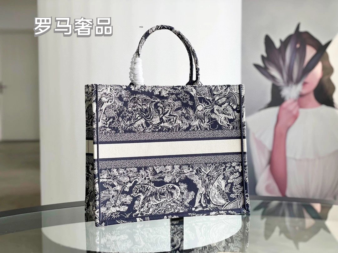 Dior Book Tote Bag Blue Toile de Jouy Embroidery
