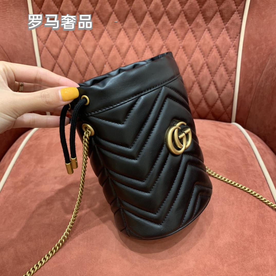 GG Marmont Matelassé Bucket Bag - Black Leather with Gold Hardware