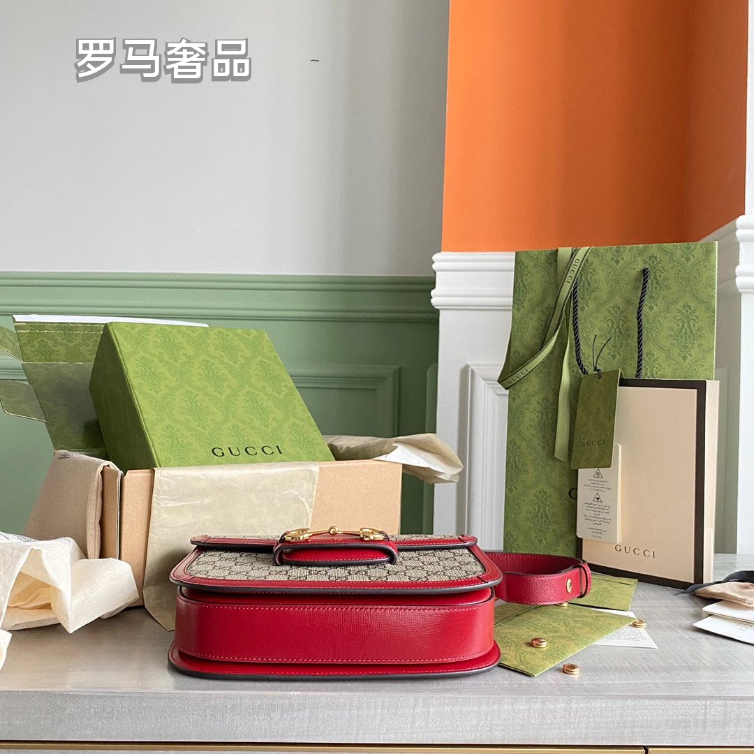 Designer GG Supreme Horsebit Shoulder Bag - Red Leather &amp; Monogram Canvas