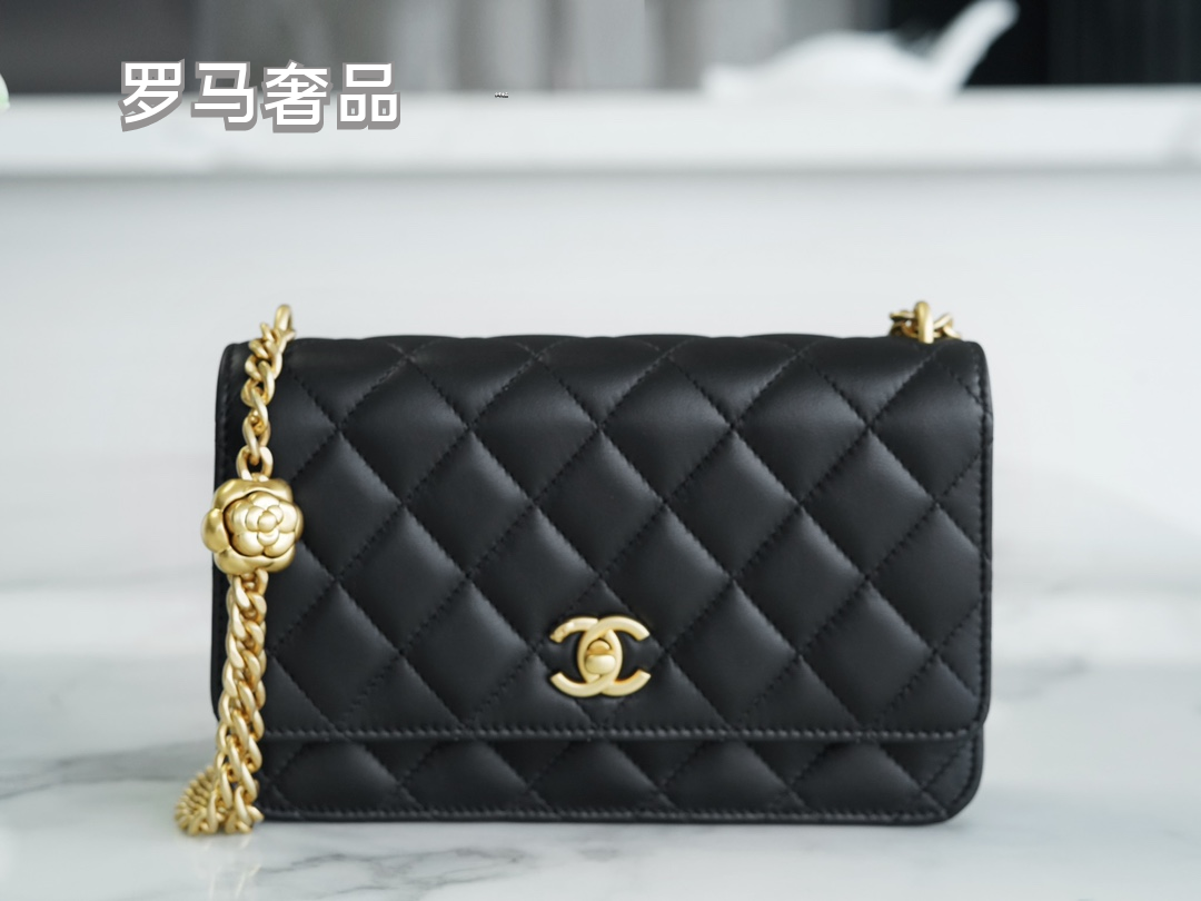 Chanel Quilted Lambskin Wallet on Chain with Camellia Gold Charm - Black