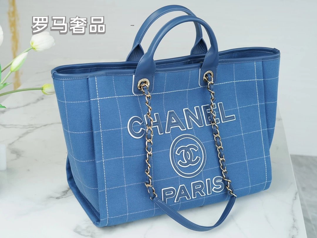 Chanel Deauville Large Tote Bag with Matching Pouch - Blue Denim Canvas