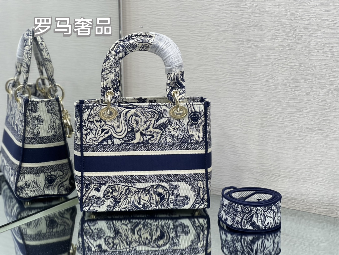 Christian Dior Lady D-Lite Medium Handbag - Grey Embroidered Toile de Jouy