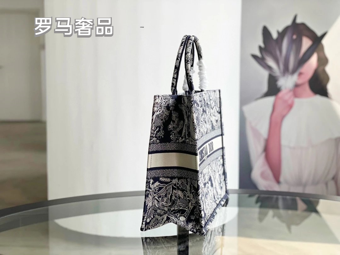 Dior Book Tote Bag Blue Toile de Jouy Embroidery