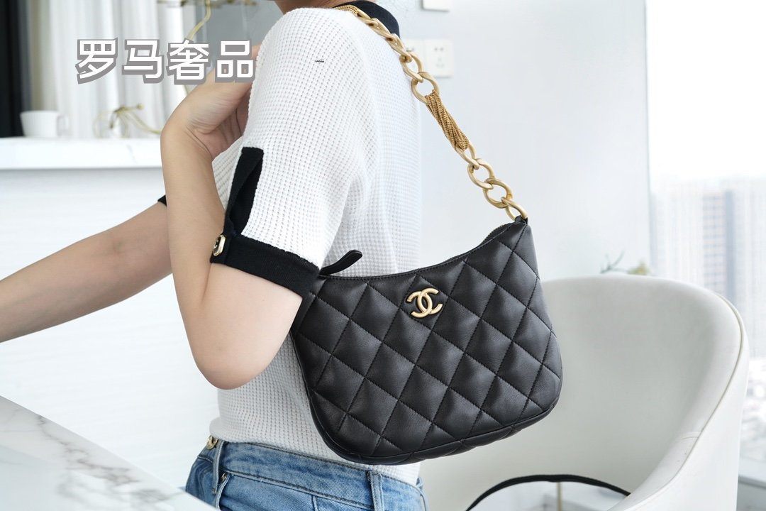 Chanel Quilted Black Leather Hobo Bag with Gold-Tone Chain Strap