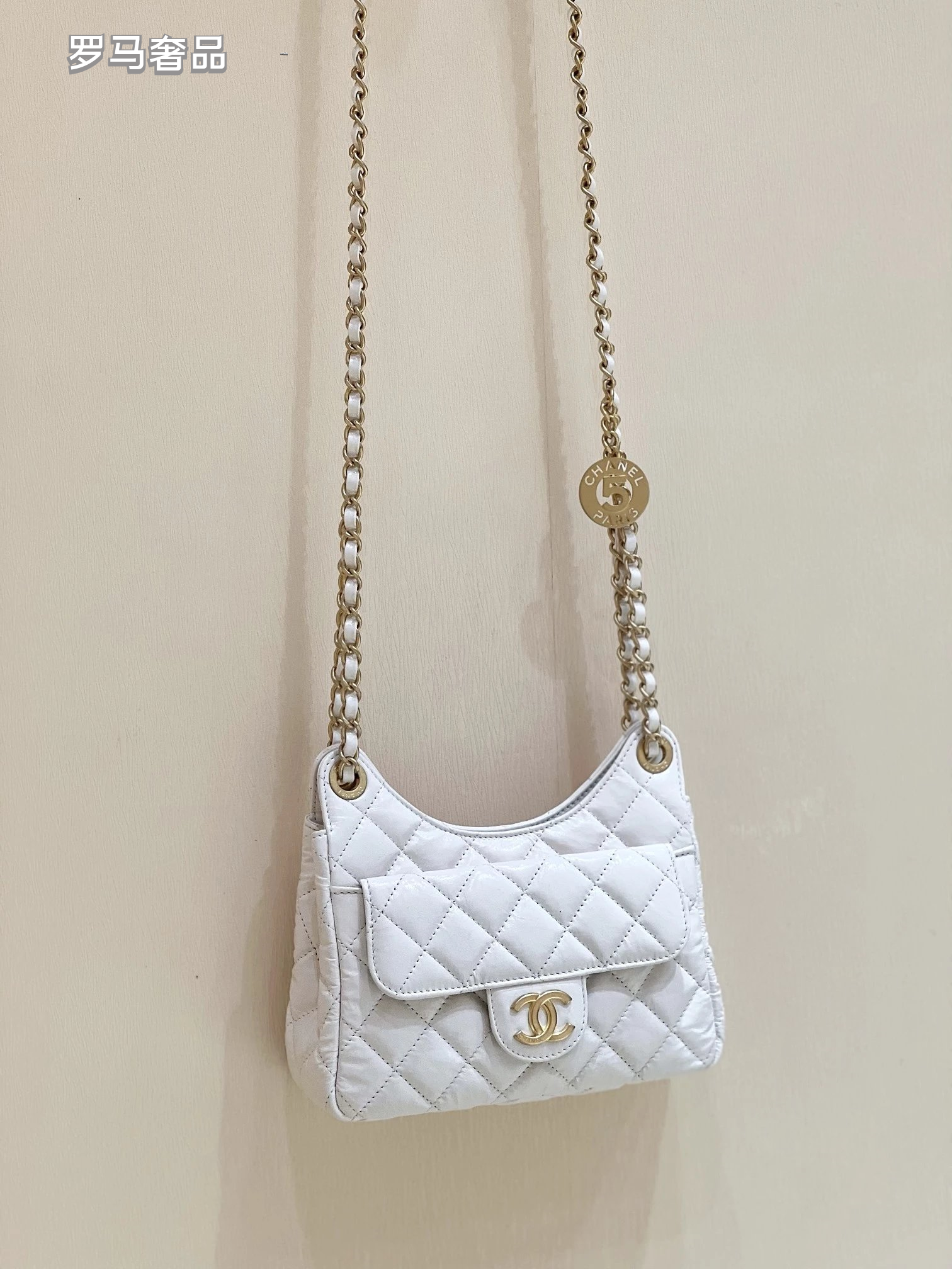 Chanel Small Hobo Bag White Quilted Lambskin Gold-Tone Metal Handbag