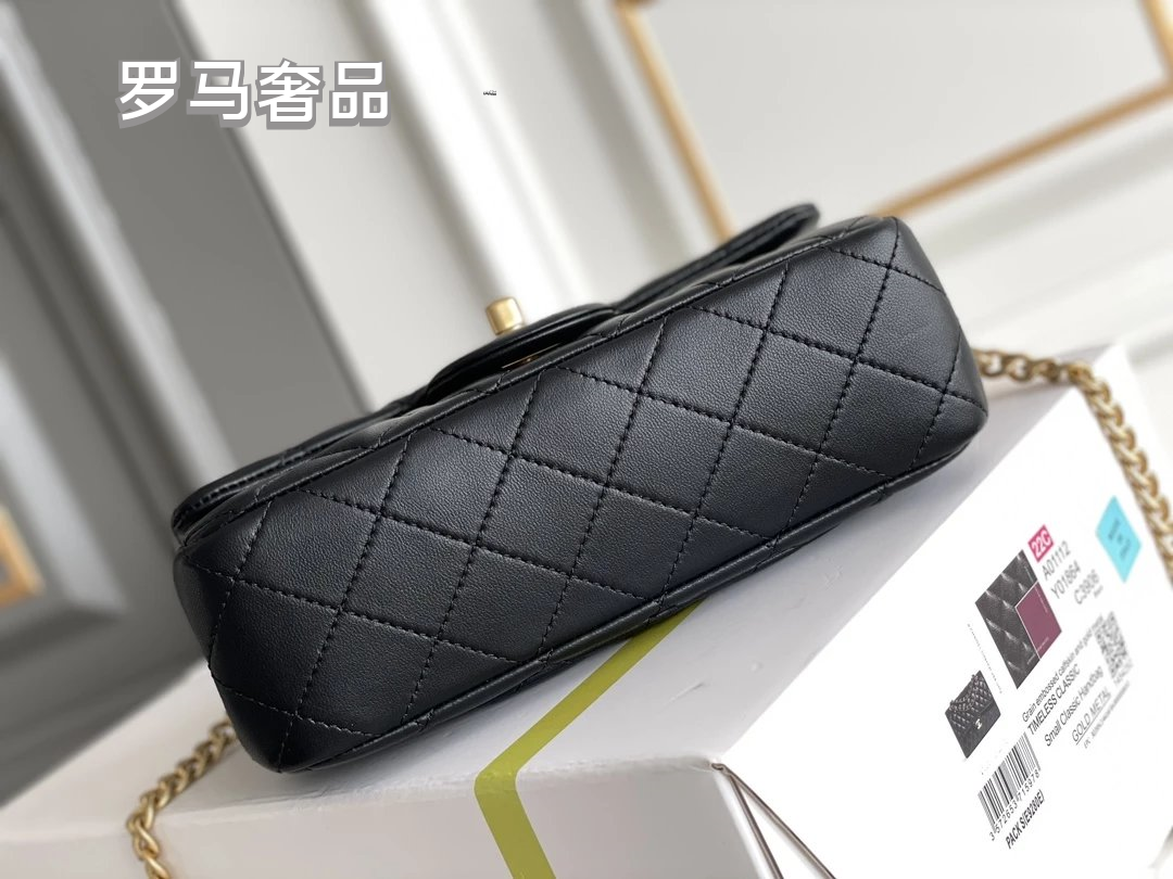 Black Quilted Leather Mini Flap Bag with Gold-Tone Chain and Camellia Charm