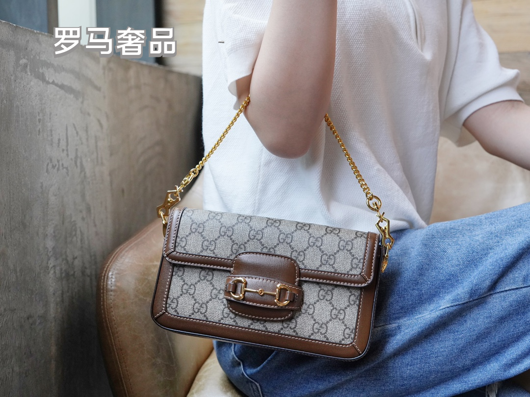 Gucci Vintage Monogram Shoulder Bag with Horsebit Detail and Chain Strap