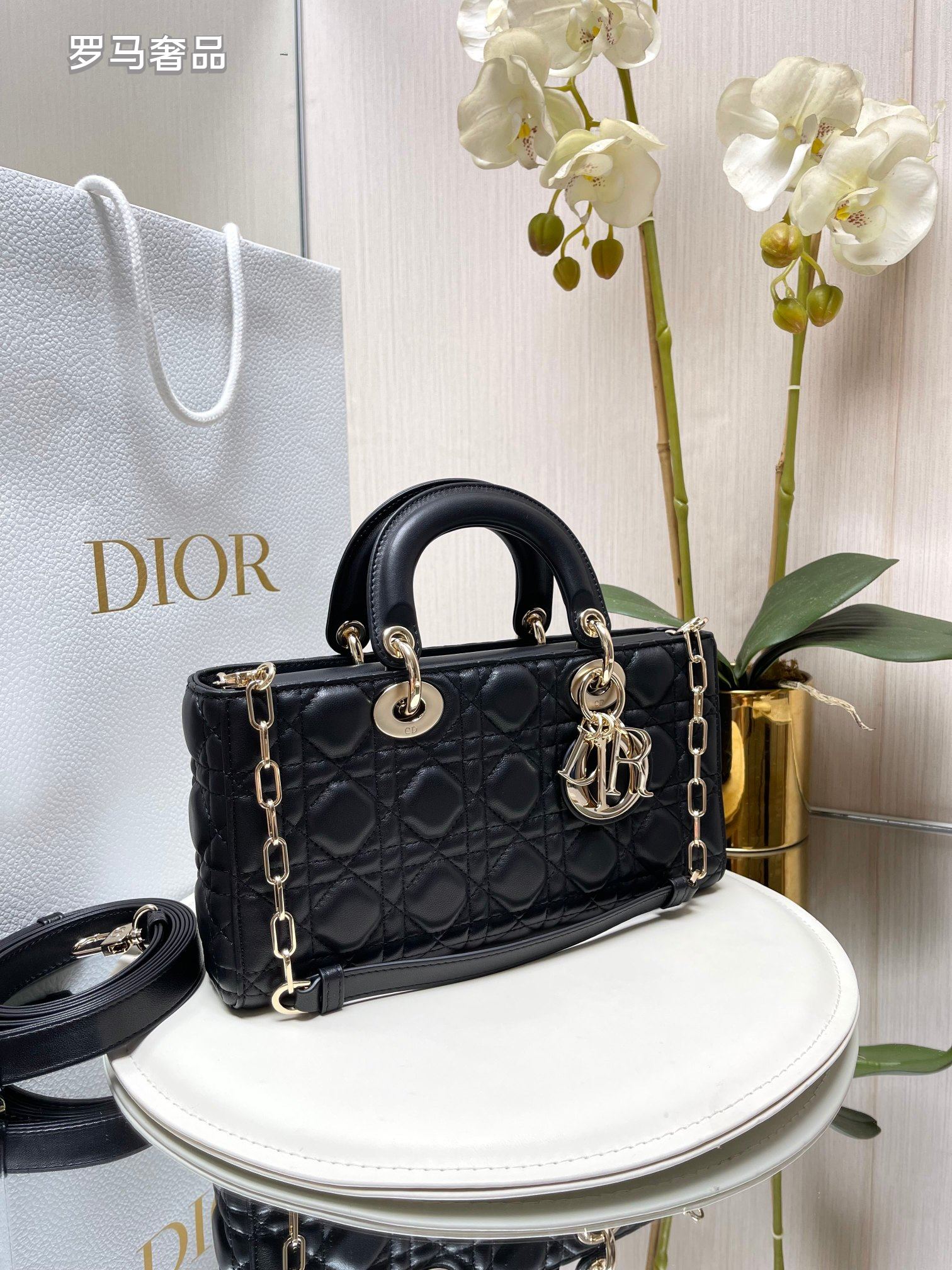 Christian Dior Lady D-Joy Bag - Black Cannage Lambskin with Gold-Finish Metal Charms
