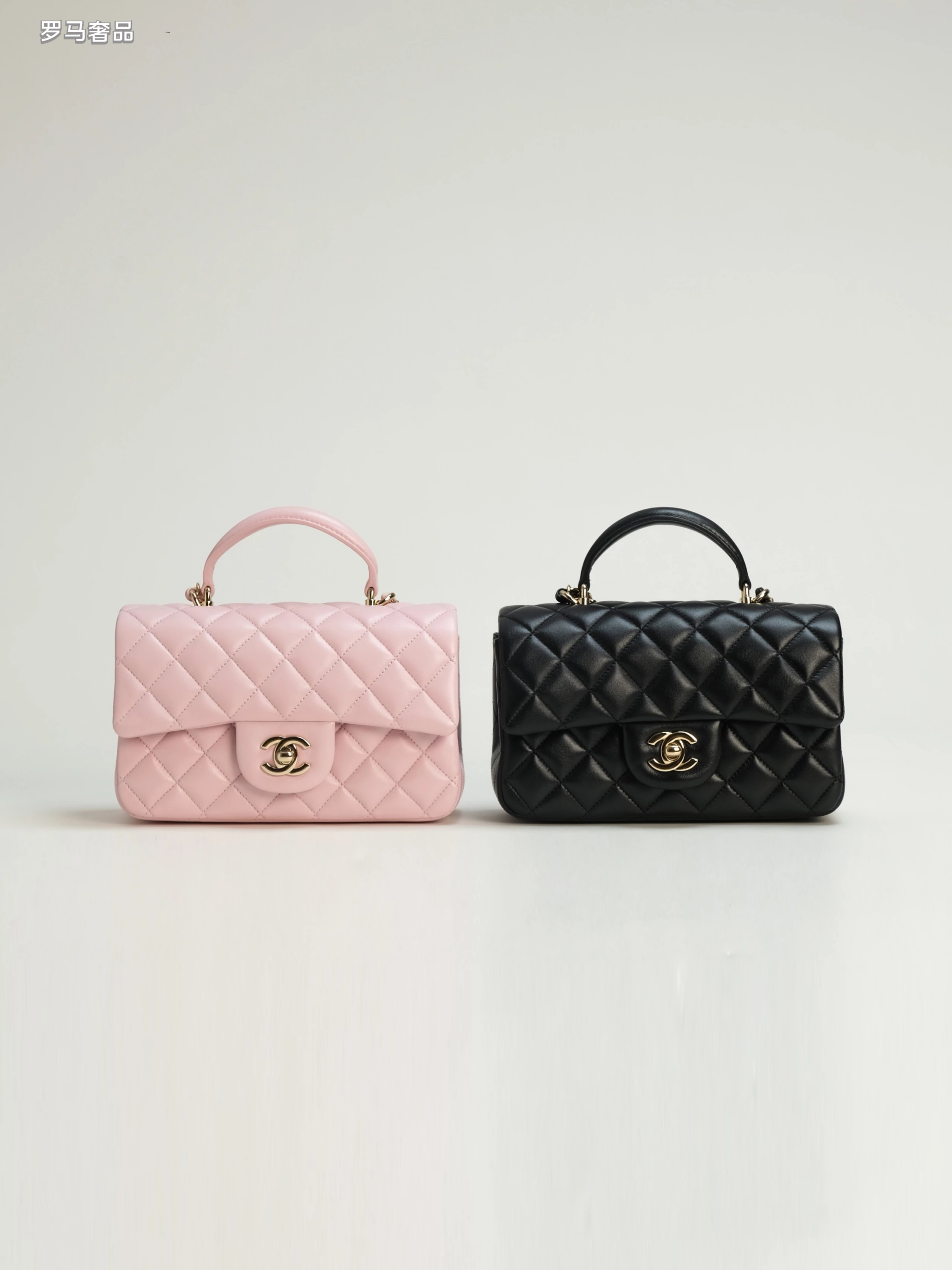 Pink Quilted Top Handle Handbag with Gold-Tone Chain Strap