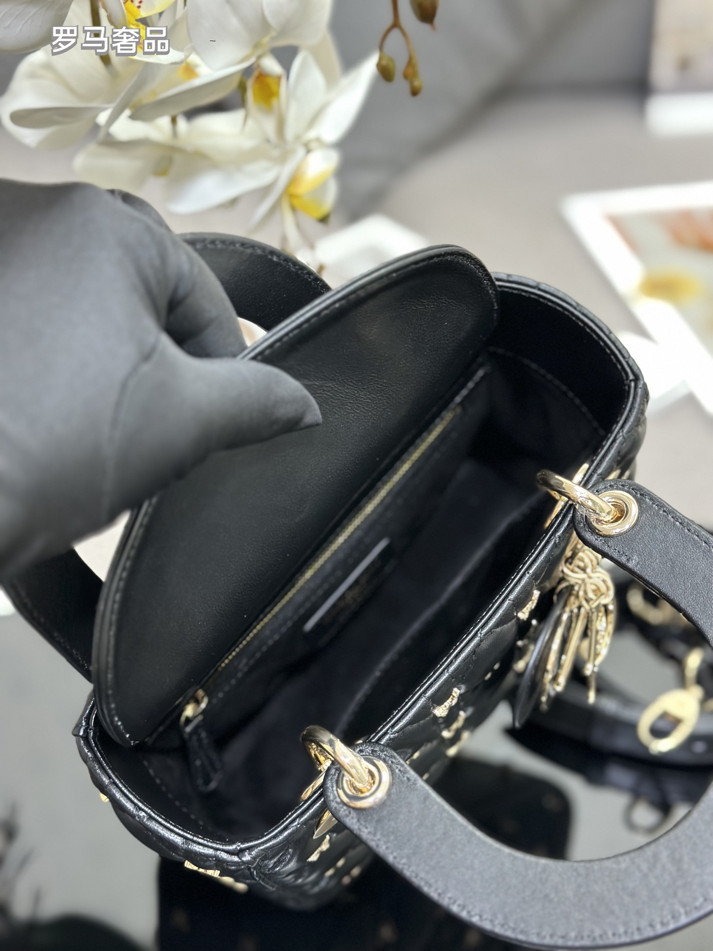 Lady Dior Small Handbag - Black Quilted Leather with Butterfly Embellishments