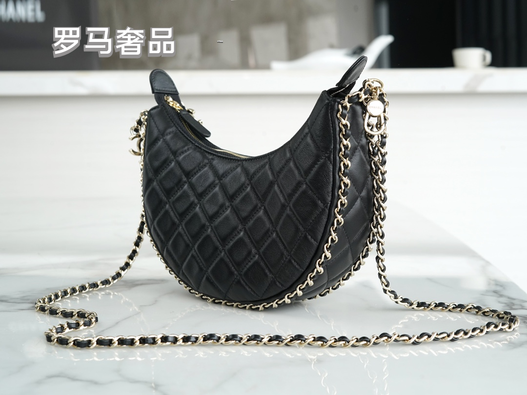 Luxury Black Quilted Leather Mini Hobo Bag with Gold-Tone Chain Strap