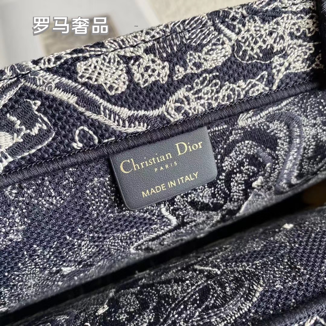 Christian Dior Book Tote Toile de Jouy Embroidery Bag - Black and White