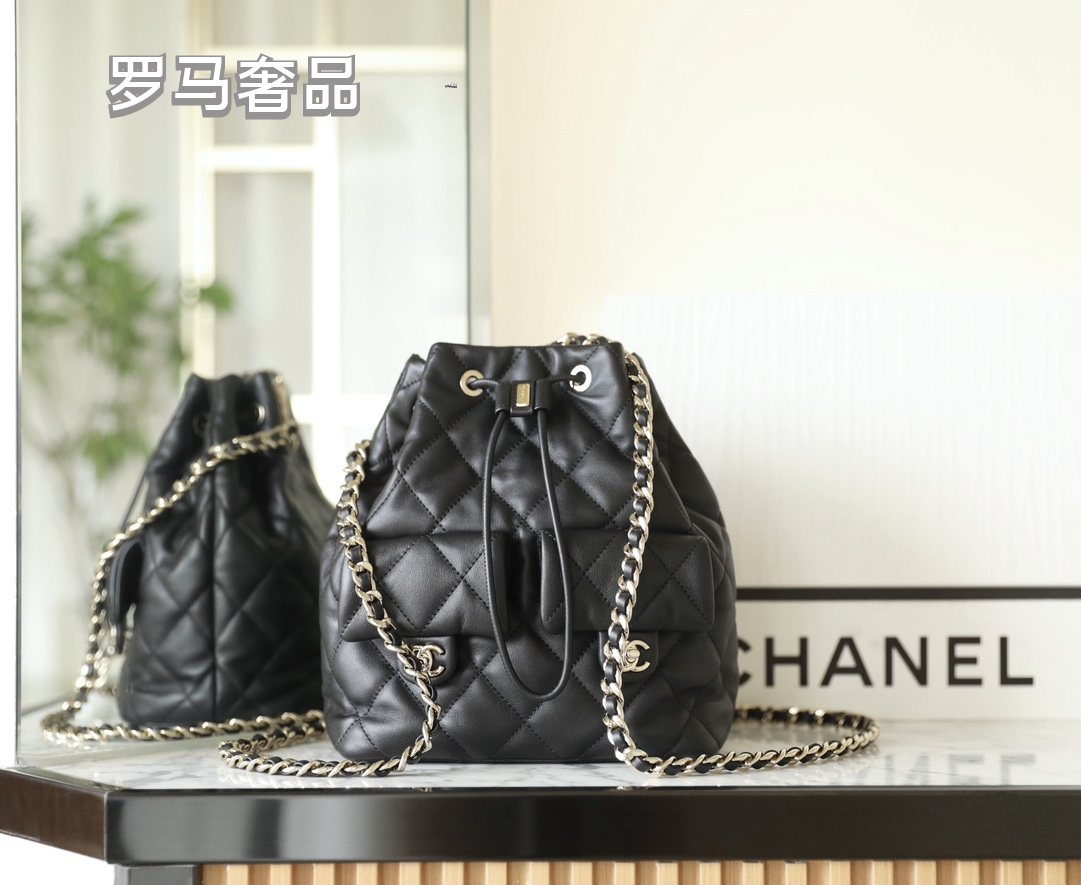 Chanel-Style Quilted Black Leather Bucket Bag with Silver Chain Strap
