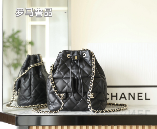 Chanel-Style Quilted Black Leather Bucket Bag with Silver Chain Strap