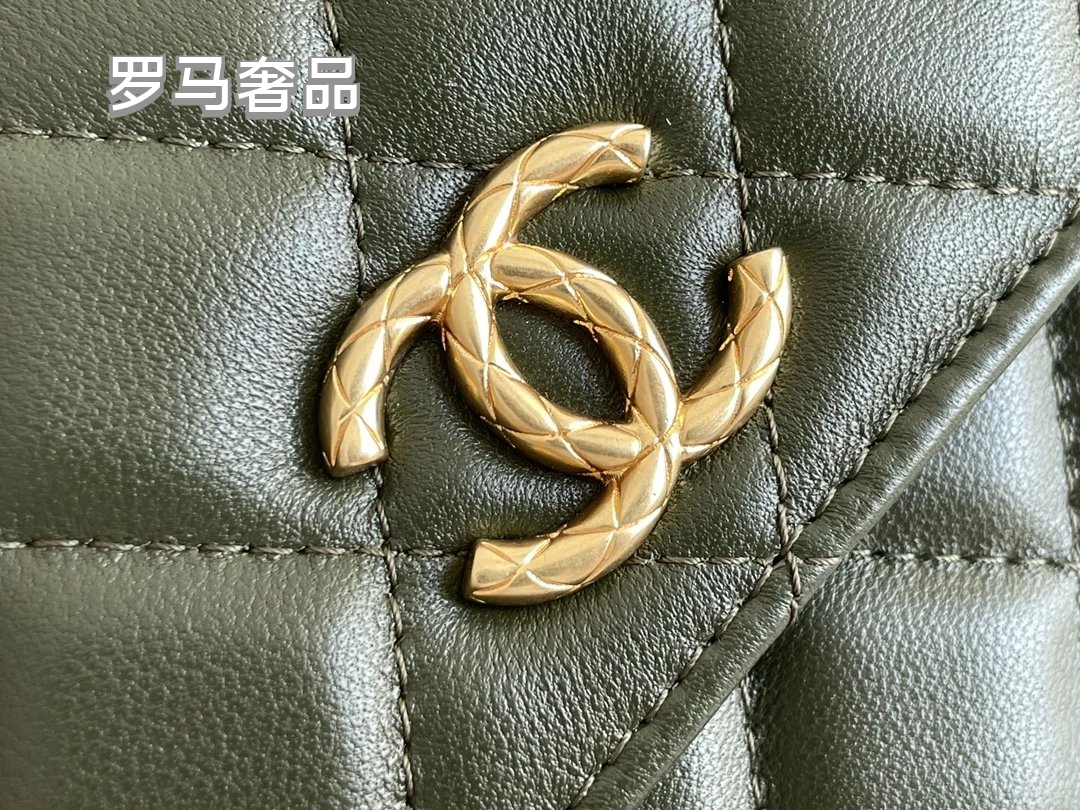 Dark Green Quilted Leather Mini Flap Bag with Gold-Tone Chain and Logo