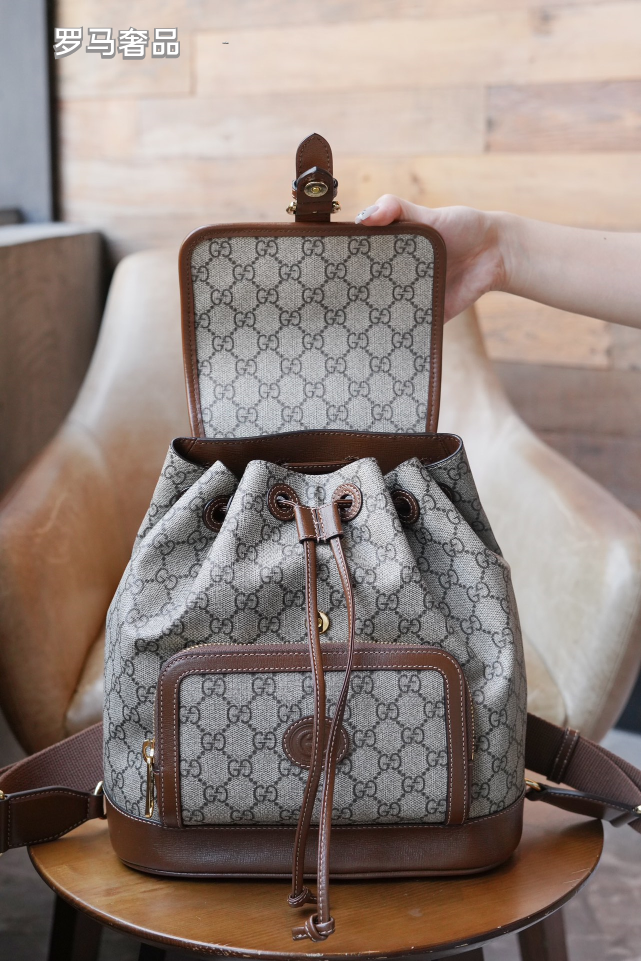 Gucci Classic Monogram Canvas Backpack with Brown Leather Trim and Drawstring