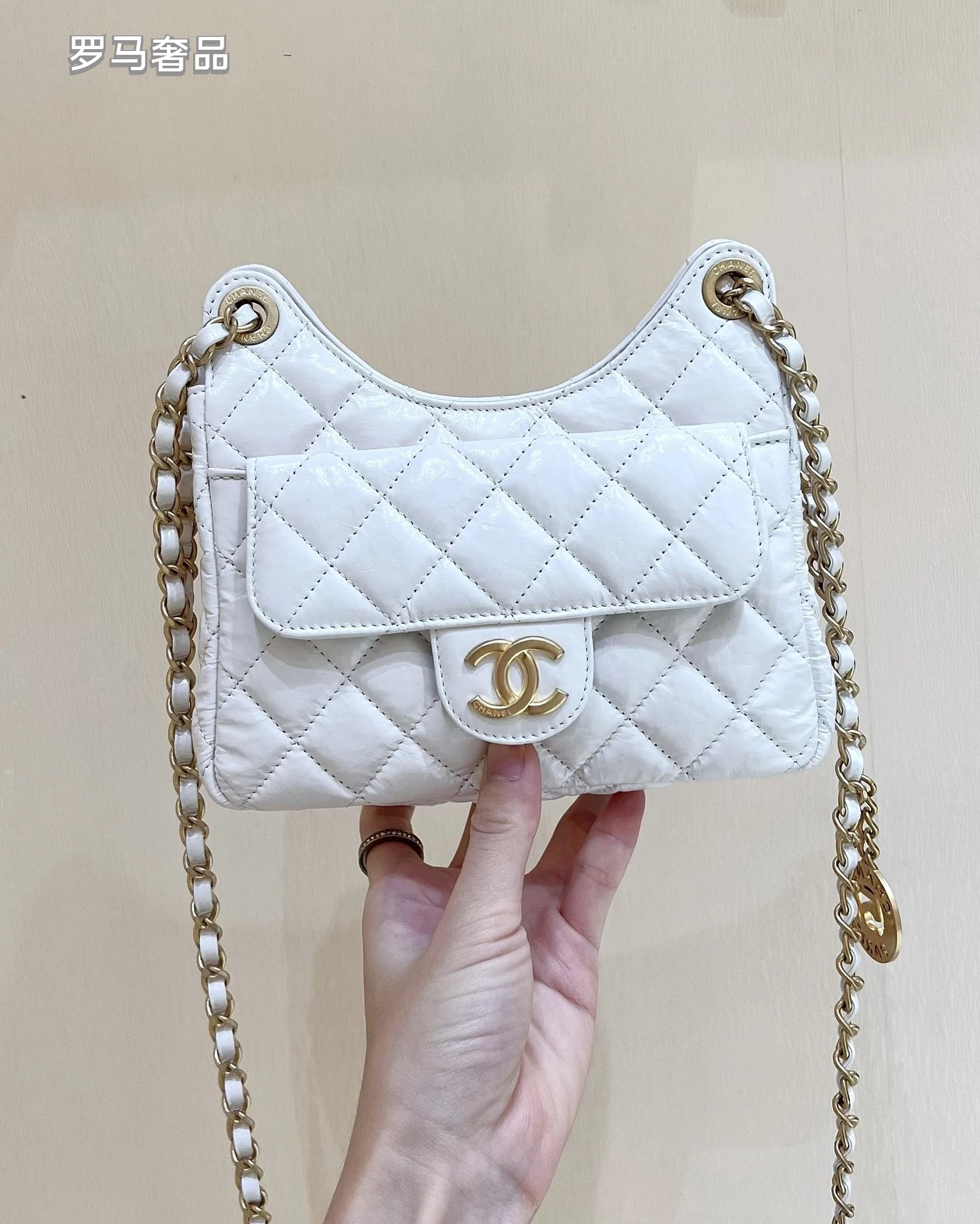 Chanel Small Hobo Bag White Quilted Lambskin Gold-Tone Metal Handbag