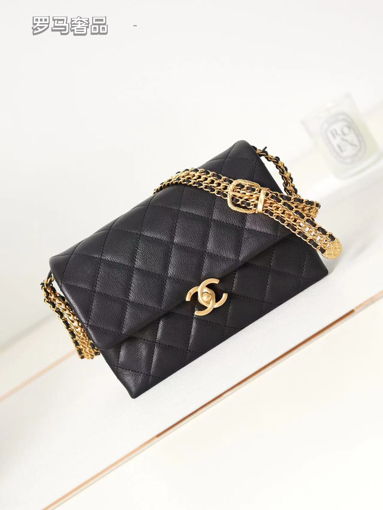 Luxury Black Quilted Leather Flap Shoulder Bag with Gold-Tone Chain Strap