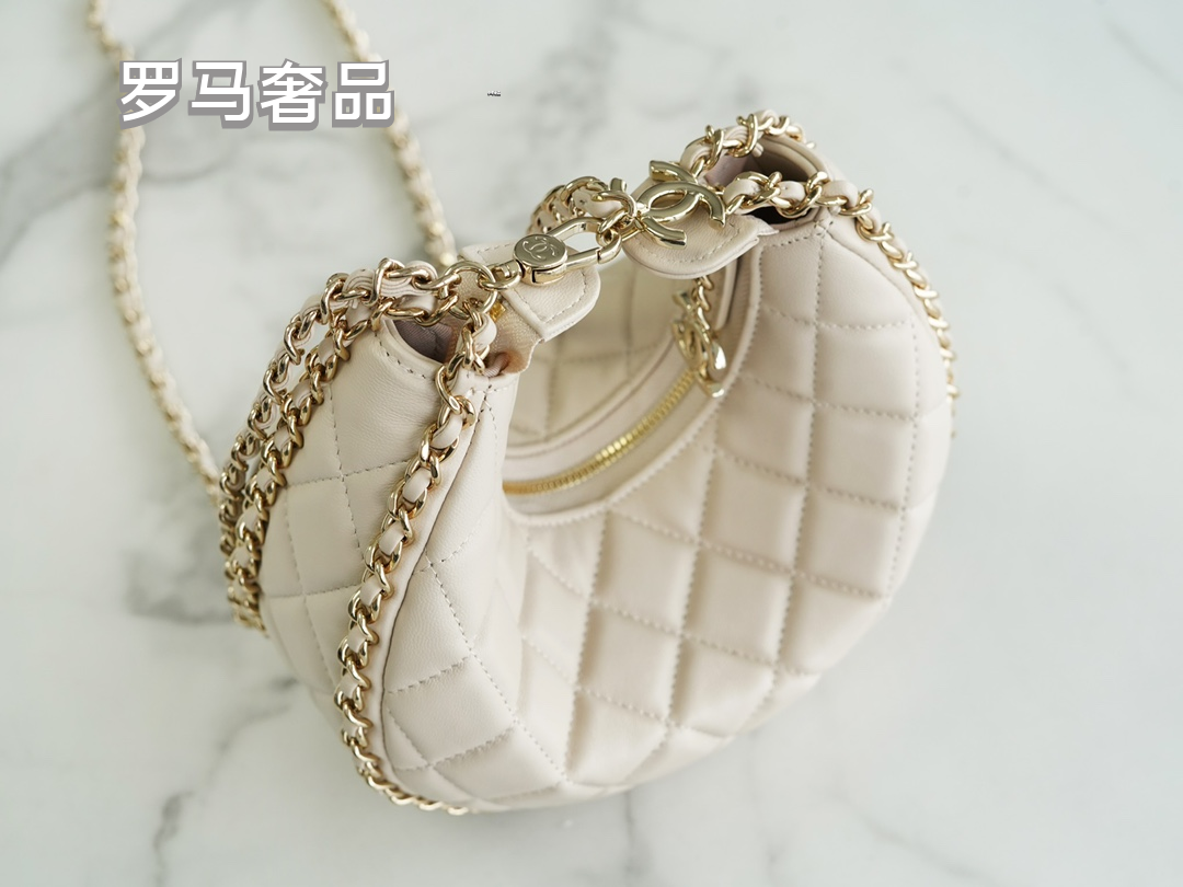 Chanel Style Small Quilted Crescent Hobo Bag in Beige with Gold-Tone Chain