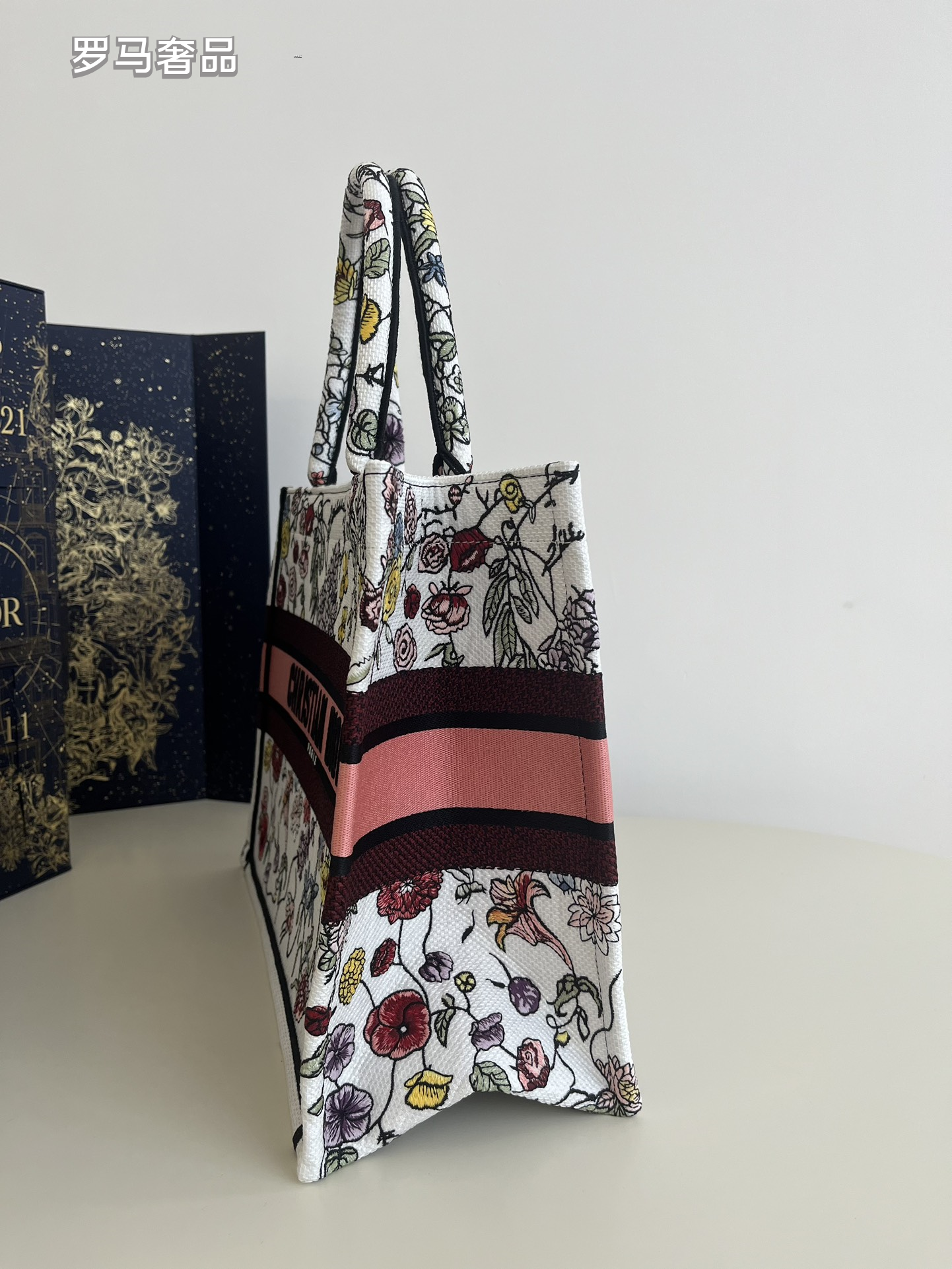 Christian Dior Book Tote Set Floral Embroidered Canvas Handbag 3 Pieces
