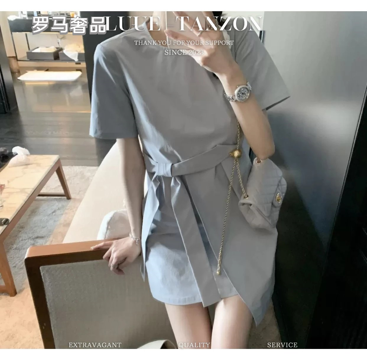Light Grey Quilted Mini Flap Bag with Adjustable Golden Ball Chain Strap
